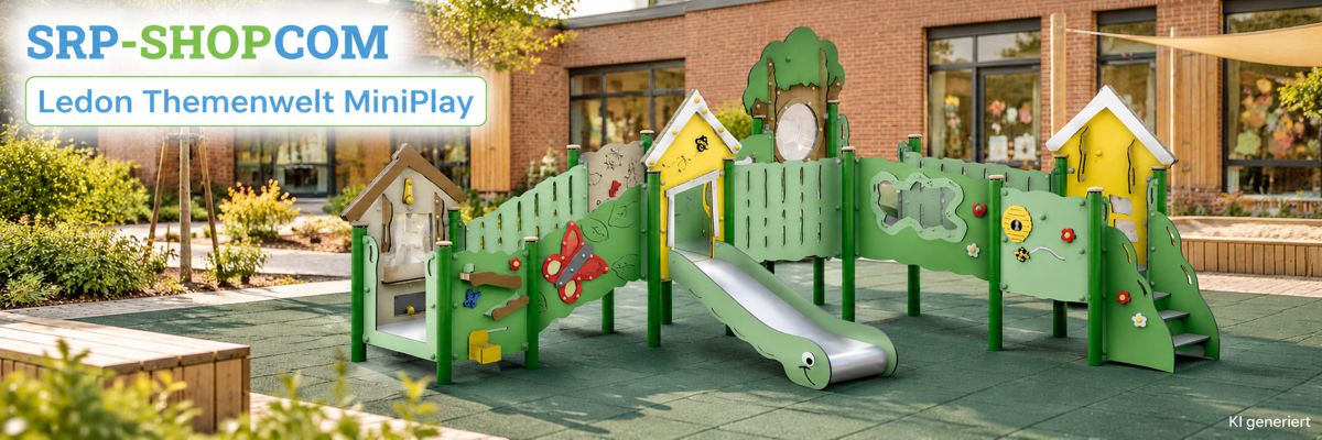 Viele kleine Kinder spielen auf einem grünen Spielplatzgerät in einem Kindergarten